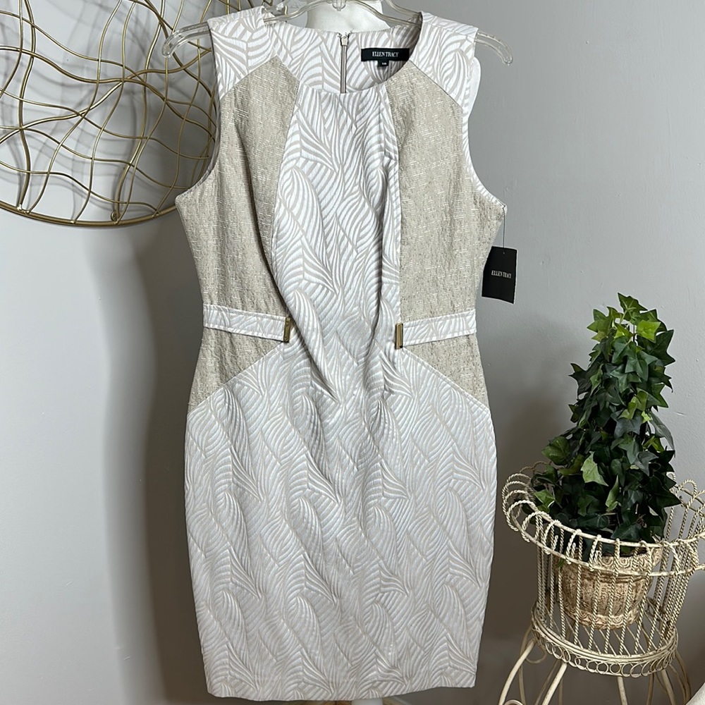 🆕NWT Ellen Tracy Textured Tan/Ivory Bodycon Midi Sheath Dress, 10